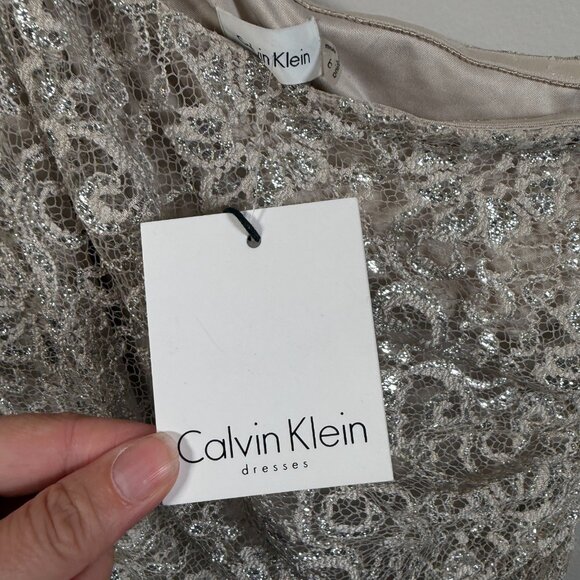 Calvin Klein Sequin One Shoulder Dress Size 6 Beige Silver Party Holiday Event - Picture 4 of 10